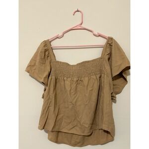 One5One Tan Smocked Bodice Flutter Sleeve Square Neck Blouse Top Small